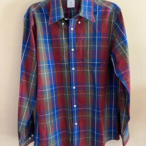 Brooks Brothers Shirt Men's Medium Blue Burgundy Plaid Regent Button Up Cotton